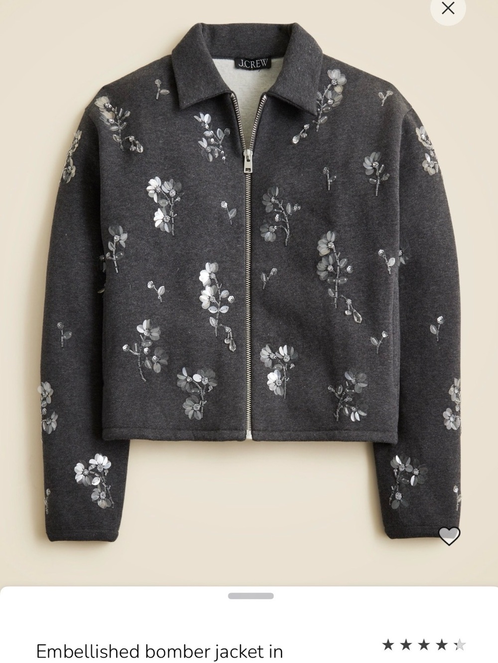 J. Crew Dark Charcoal Embellished Bomber Jacket